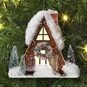 Lighted Snowy A Frame Ski Cottage Home Ornament Timer Battery * NEW